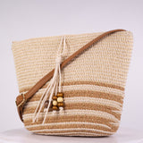 Small Straw Tote Bag with Decorative Wooden Bead Tassel, 25*18*10 cm
