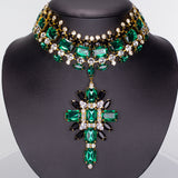 Pozlacená Slitinová Sada se Zeleným Emporia® Křišťálem a Bílým Emporia® Křišťálem ( Náhrdelník+Náušnice )