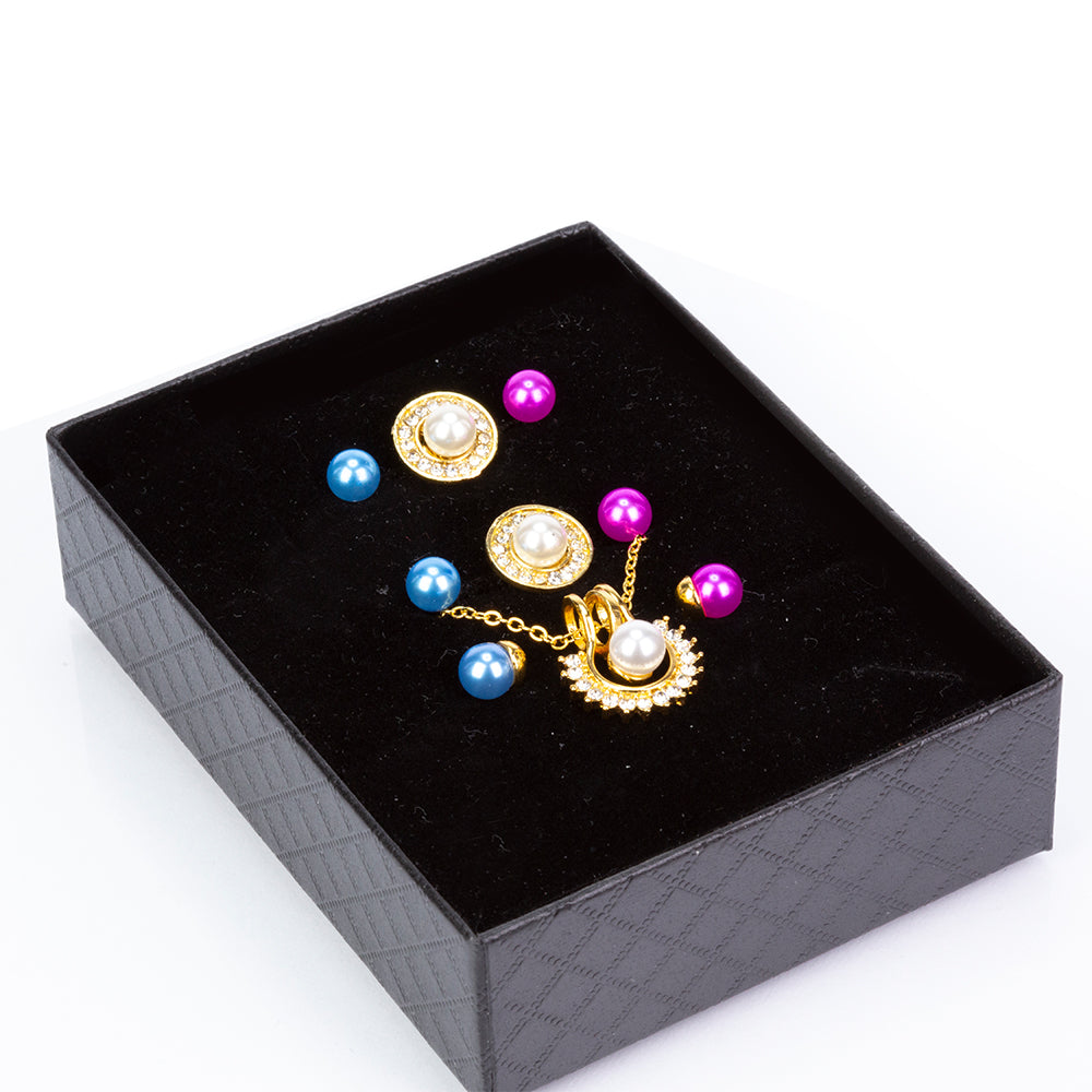 Pozlacená slitina - Sada s Bílou Sladkovodní Perlou a Bílým Emporia® Křišťálem - Karátové číslo: 3.41. přibližná hmotnost: 10 gramů ( Náhrdelník+Náušnice+Přívěsek )