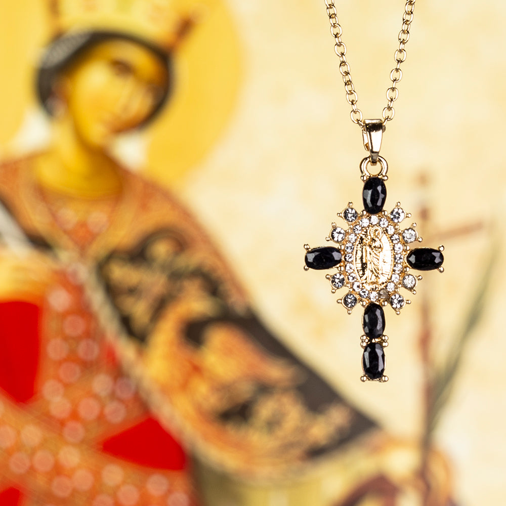 Kříž Pozlacený Slitinový Náhrdelník se Safírem a Bílým Emporia® Křišťálem ( Náhrdelník+Přívěsek )