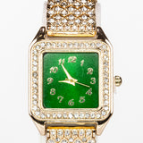 Pozlacená slitina - Hodinky se Zeleným Emporia® Křišťálem a Bílým Emporia® Křišťálem - Karátové číslo: 12. přibližná hmotnost: 57 gramů ( Náhrdelník+Náušnice+Přívěsek )