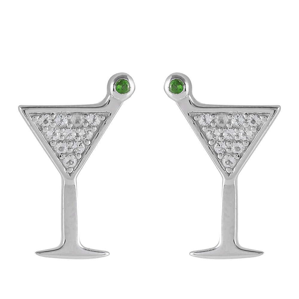 Stříbro 925/1000 Náušnice s Chromovým Diopsidem a Bílým Topazem - Karátové číslo: 0.23. přibližná hmotnost: 2.37 gramů