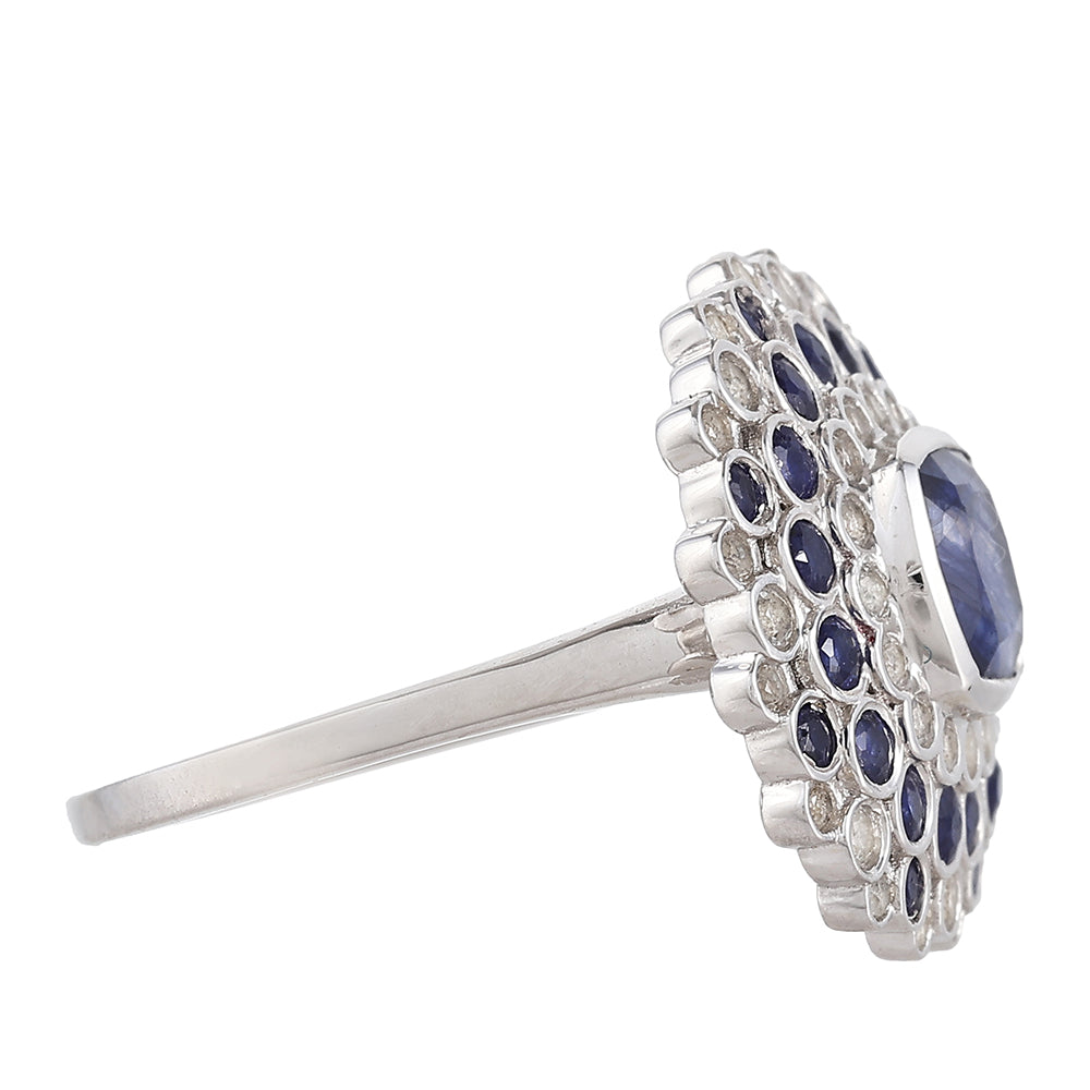 Stříbro 925/1000 Prsten s Thajským Safírem a Bílým Topazem - Karátové číslo: 2.82. přibližná hmotnost: 4.15 gramů