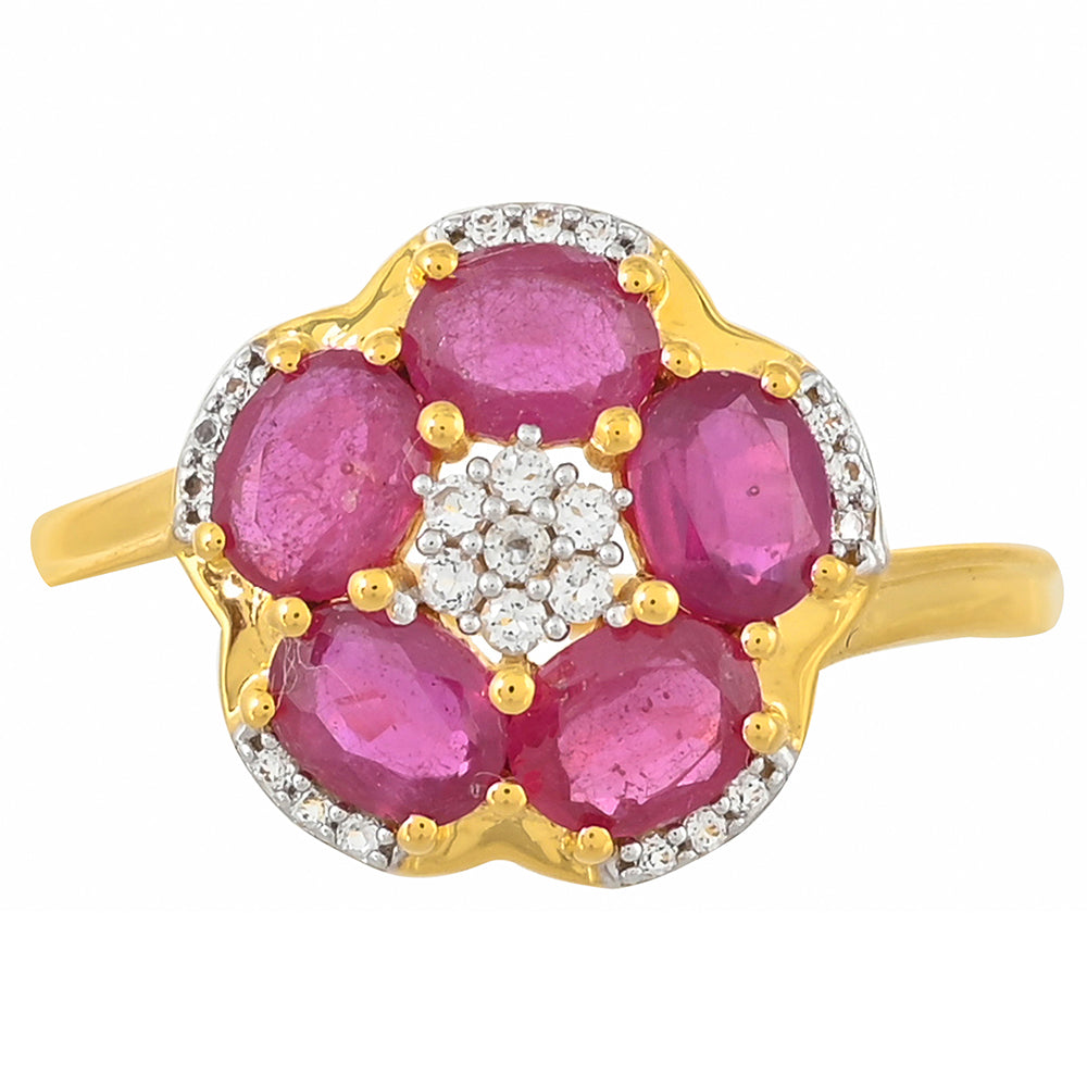 Pozlacené stříbro 925/1000 Prsten s Madagaskarským Rubínem a Bílým Topazem - Karátové číslo: 2.7. přibližná hmotnost: 3.18 gramů