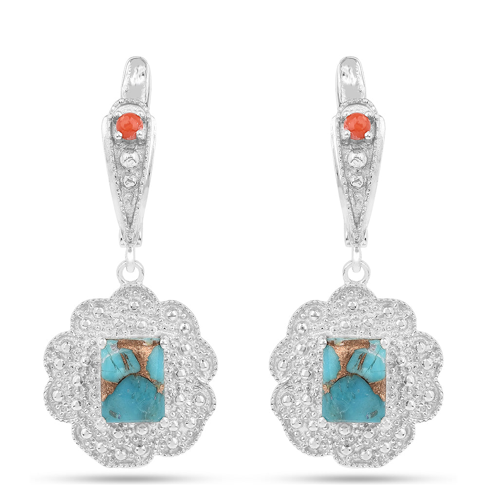 Stříbro 925/1000 Náušnice s Ústřicovým Tyrkysem a Červeným Korálem - Karátové číslo: 3.93. přibližná hmotnost: 6.02 gramů