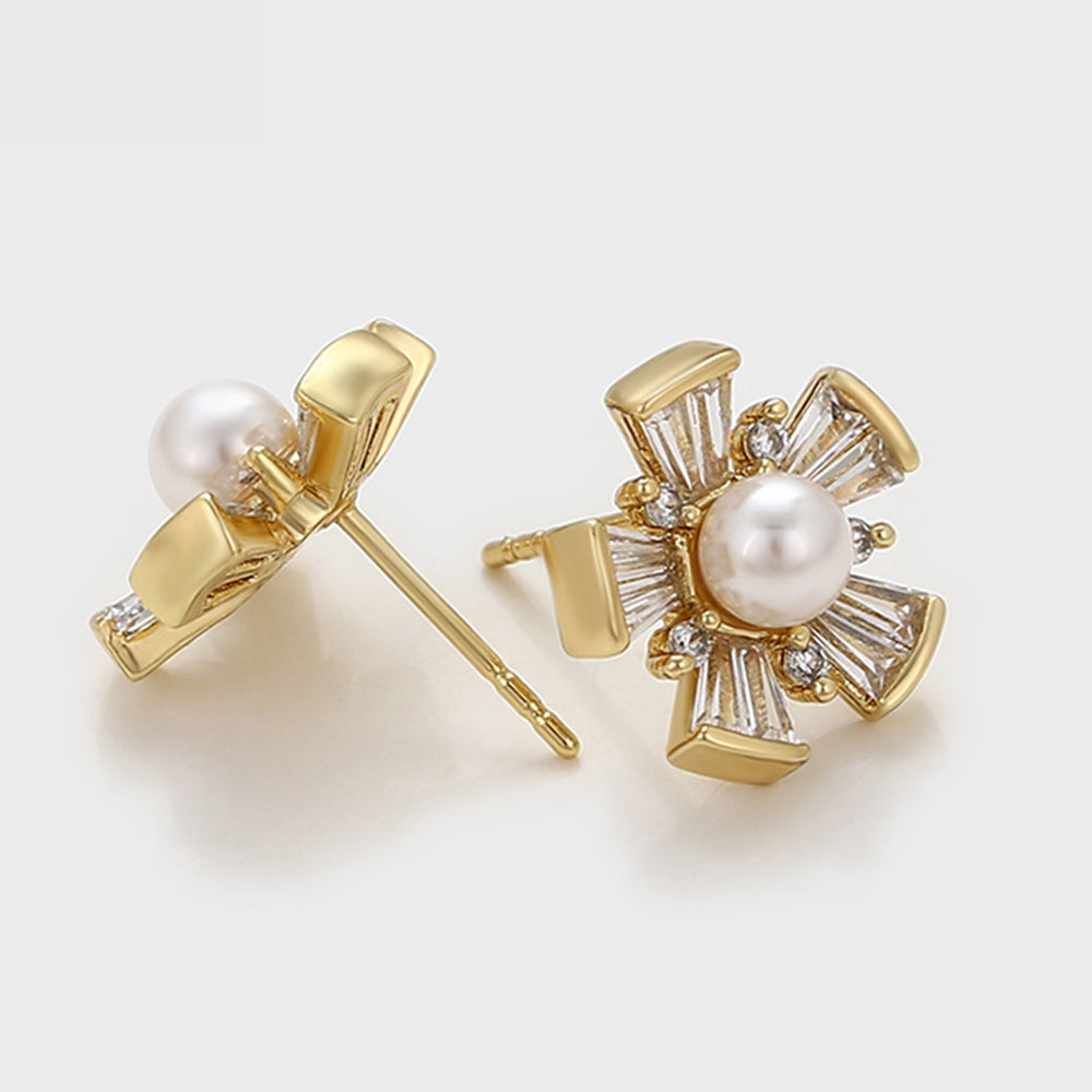 Pozlacené Slitinové Náušnice se Skleněná Perla a Bílým Emporia® Křišťálem