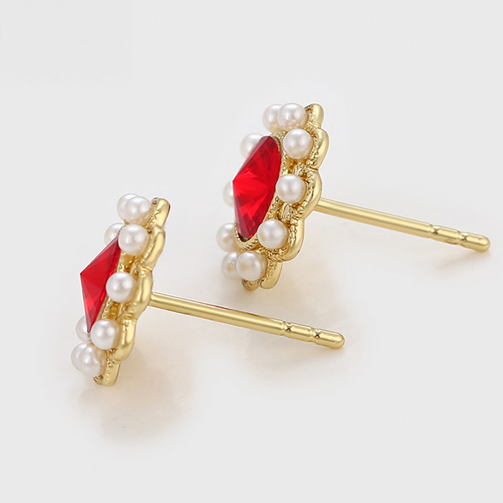 Pozlacené Slitinové Náušnice se Skleněná Perla a Červeným Emporia® Křišťálem