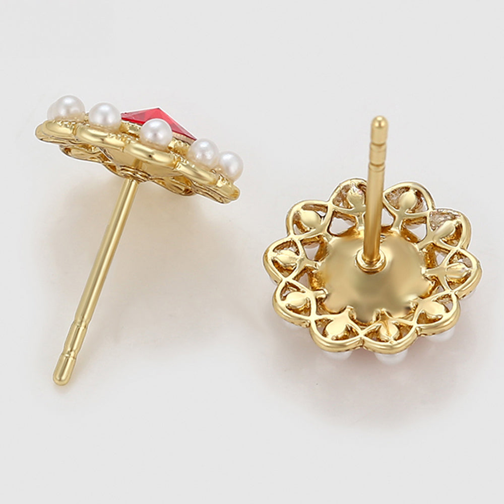 Pozlacené Slitinové Náušnice se Skleněná Perla a Červeným Emporia® Křišťálem