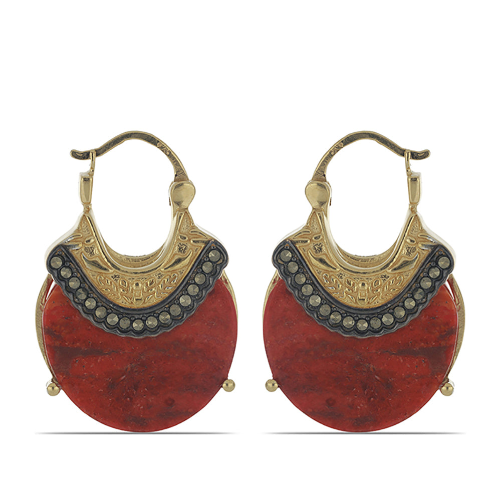 Pozlacené stříbro 925/1000 Náušnice s Červeným Houbovým Korálem a Marcasitem - Karátové číslo: 16.03. přibližná hmotnost: 9.85 gramů