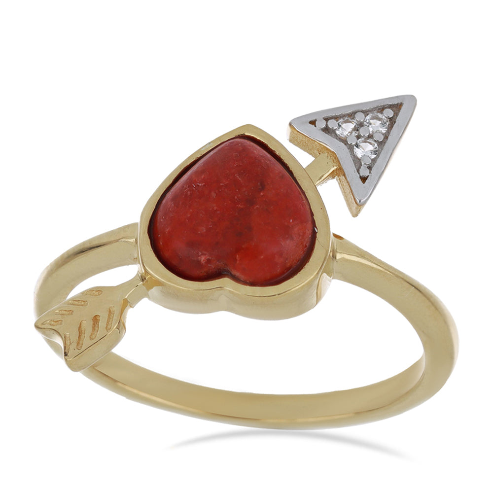 Pozlacené stříbro 925/1000 Prsten s Červeným Houbovým Korálem a Bílým Topazem - Karátové číslo: 1.44. přibližná hmotnost: 3.01 gramů