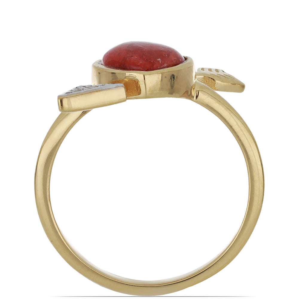 Pozlacené stříbro 925/1000 Prsten s Červeným Houbovým Korálem a Bílým Topazem - Karátové číslo: 1.44. přibližná hmotnost: 3.01 gramů