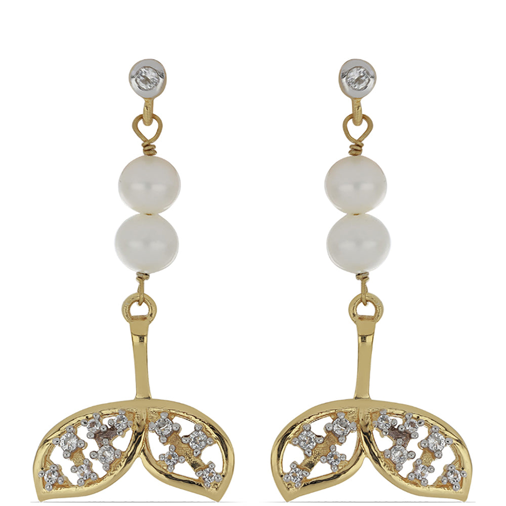 Pozlacené stříbro 925/1000 Náušnice s Bílou Sladkovodní Perlou a Bílým Topazem - Karátové číslo: 5.07. přibližná hmotnost: 5.22 gramů