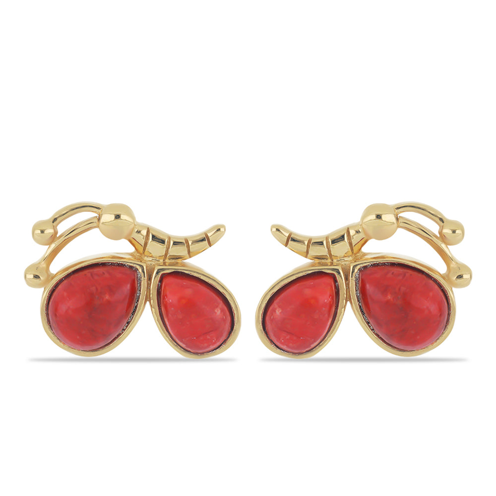 Pozlacené stříbro 925/1000 Náušnice s Červeným Houbovým Korálem - Karátové číslo: 3.51. přibližná hmotnost: 5.21 gramů