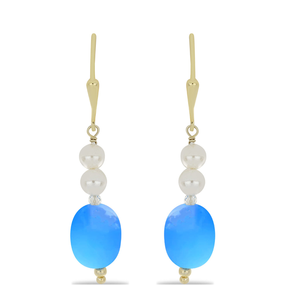 Pozlacené Stříbrné Náušnice s Aqua Chalcedonem a Bílým Křemenem