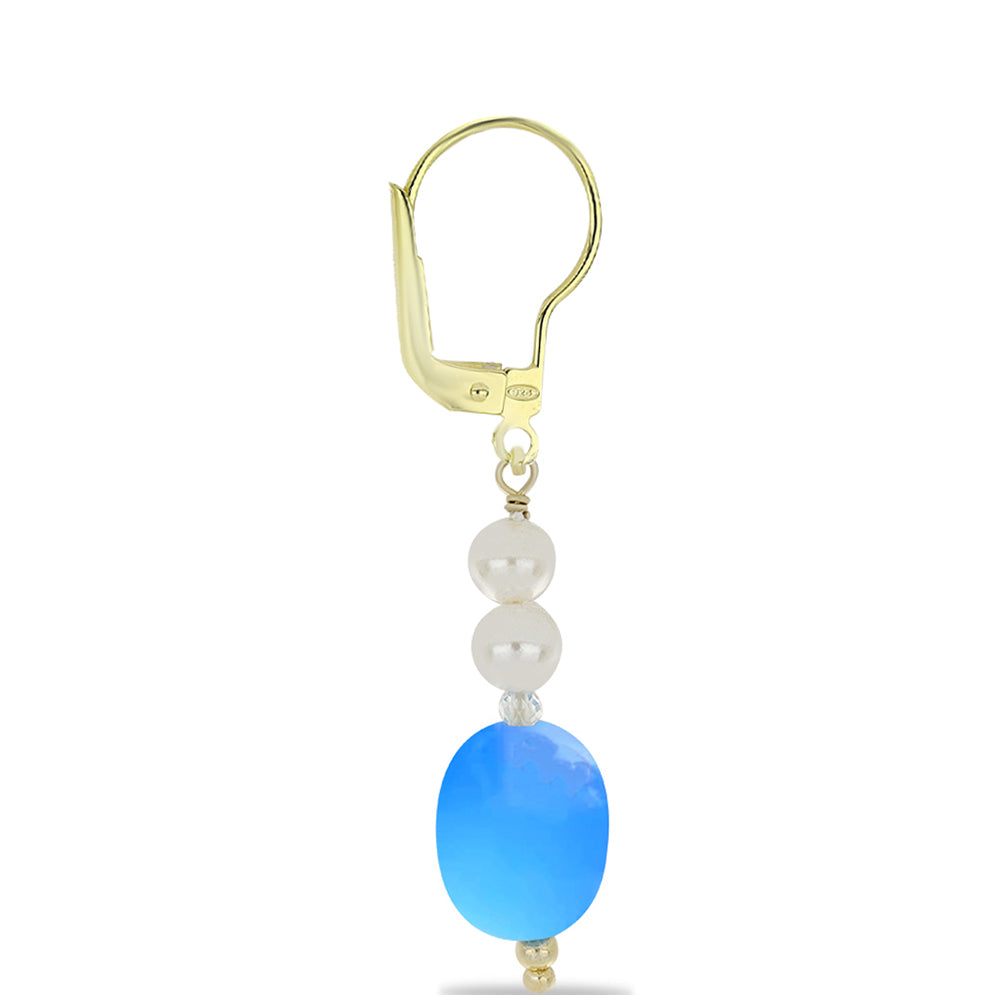Pozlacené Stříbrné Náušnice s Aqua Chalcedonem a Bílým Křemenem