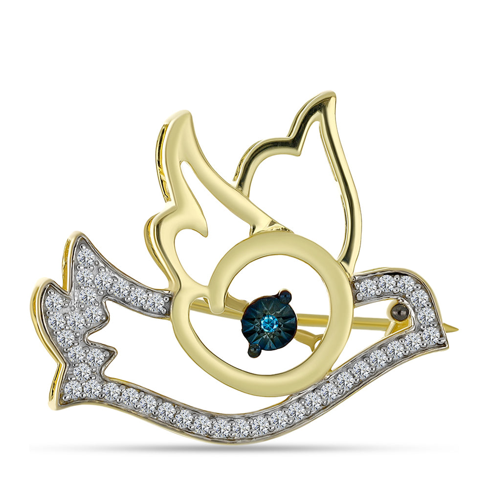 Pozlacené stříbro 925/1000 Brož s Modrým Diamantem a Bílým Topazem - Karátové číslo: 0.38. přibližná hmotnost: 4.28 gramů