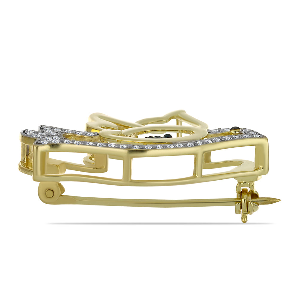 Pozlacené stříbro 925/1000 Brož s Modrým Diamantem a Bílým Topazem - Karátové číslo: 0.38. přibližná hmotnost: 4.28 gramů