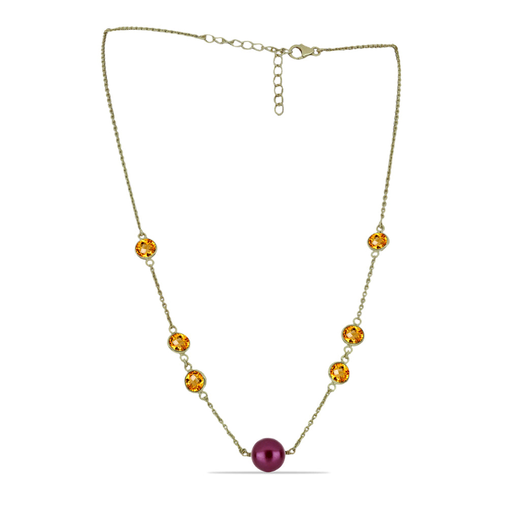 Pozlacené stříbro 925/1000 Náhrdelník s Fialová Sladkovodní Perlou a Uralským Citrínem - Karátové číslo: 10.06. přibližná hmotnost: 5.08 gramů