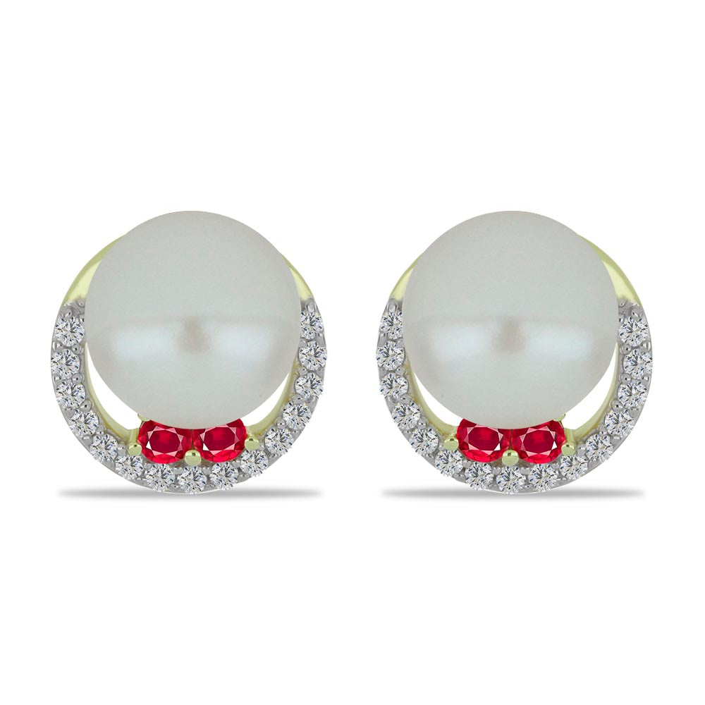 Pozlacené stříbro 925/1000 Náušnice s Bílou Sladkovodní Perlou a Madagaskarským Rubínem - Karátové číslo: 6.04. přibližná hmotnost: 3.13 gramů