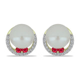 Pozlacené stříbro 925/1000 Náušnice s Bílou Sladkovodní Perlou a Madagaskarským Rubínem - Karátové číslo: 6.04. přibližná hmotnost: 3.13 gramů