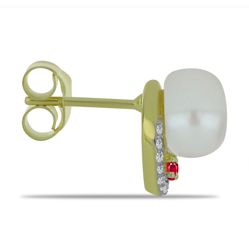 Pozlacené stříbro 925/1000 Náušnice s Bílou Sladkovodní Perlou a Madagaskarským Rubínem - Karátové číslo: 6.04. přibližná hmotnost: 3.13 gramů