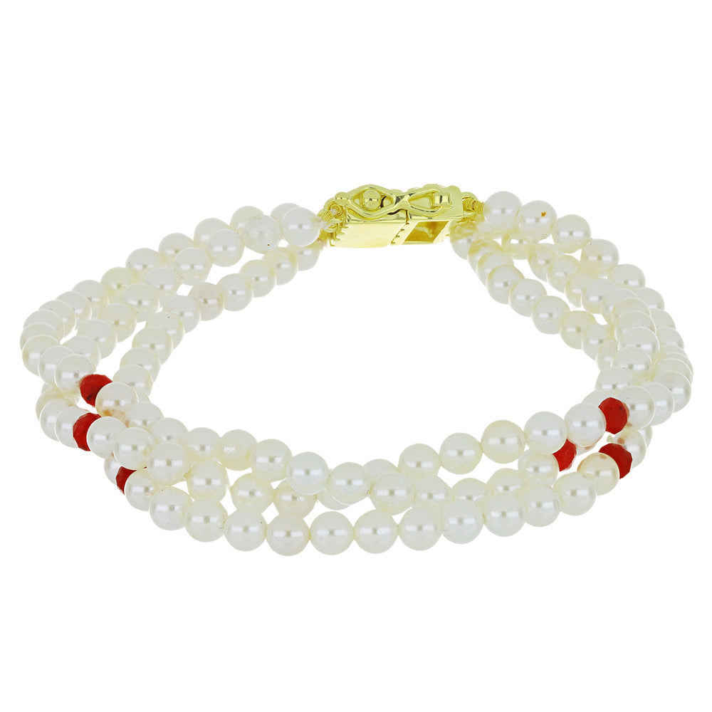 Pozlacené stříbro 925/1000 Náramek s Bílou Sladkovodní Perlou a Madagaskarským Rubínem - Karátové číslo: 61.47. přibližná hmotnost: 17.12 gramů