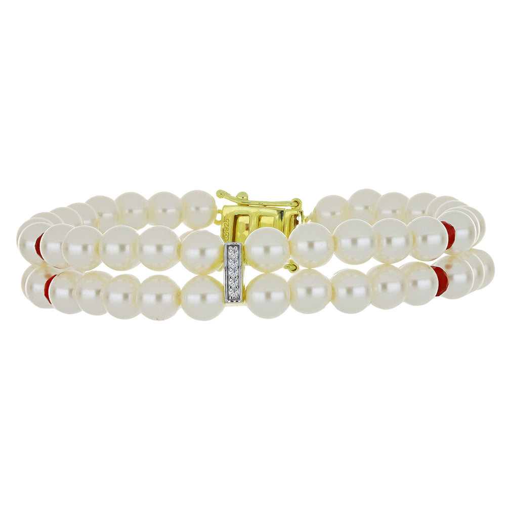 Pozlacené stříbro 925/1000 Náramek s Bílou Sladkovodní Perlou a Madagaskarským Rubínem - Karátové číslo: 82.16. přibližná hmotnost: 20.35 gramů