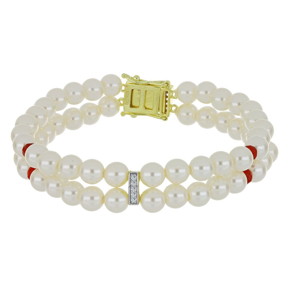 Pozlacené stříbro 925/1000 Náramek s Bílou Sladkovodní Perlou a Madagaskarským Rubínem - Karátové číslo: 82.16. přibližná hmotnost: 20.35 gramů