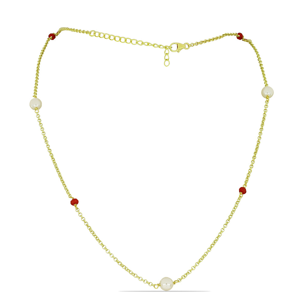Pozlacené stříbro 925/1000 Náhrdelník s Bílou Sladkovodní Perlou a Madagaskarským Rubínem - Karátové číslo: 5.65. přibližná hmotnost: 4.84 gramů