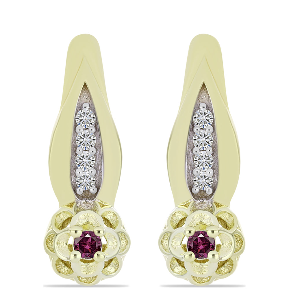 Pozlacené Stříbrné Náušnice s Purpurovým Diamantem a Bílým Diamantem