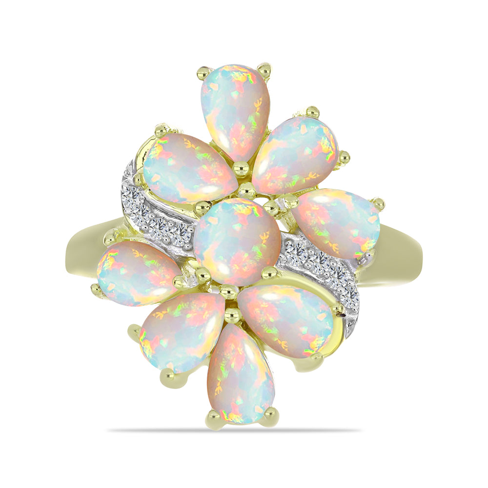 Pozlacené stříbro 925/1000 Prsten s Etiopským Opálem z Lega Dembi a Bílým Topazem - Karátové číslo: 2.61. přibližná hmotnost: 5.39 gramů