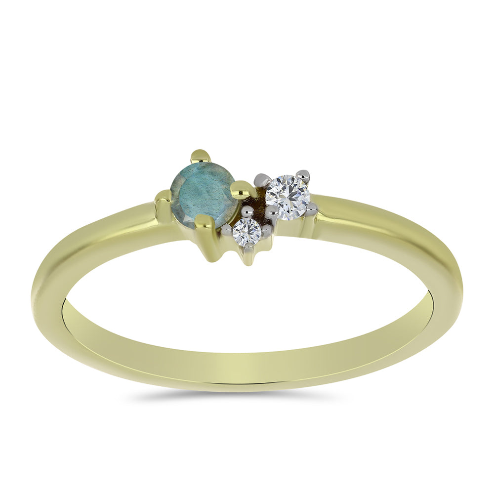 Pozlacené Stříbro 925/1000 - Prsten s Labradoritem a Bílým Topazem - Karátové číslo: 0.17. přibližná hmotnost: 1.55 gramů