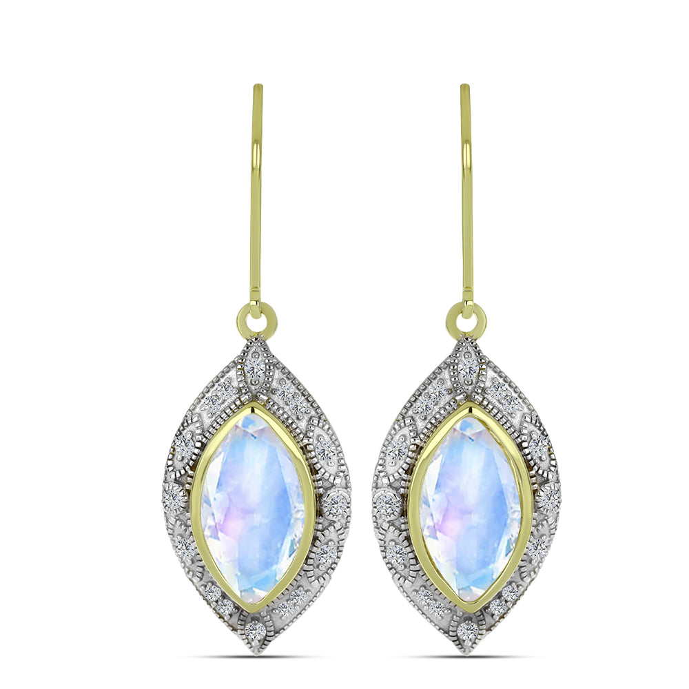 Pozlacené stříbro 925/1000 Náušnice s Duhovým Měsíčním Kamenem a Bílým Topazem - Karátové číslo: 5.97. přibližná hmotnost: 6.01 gramů