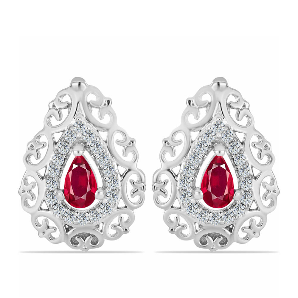 Stříbro 925/1000 Náušnice s Madagaskarským Rubínem a Bílým Topazem - Karátové číslo: 0.88. přibližná hmotnost: 3.72 gramů