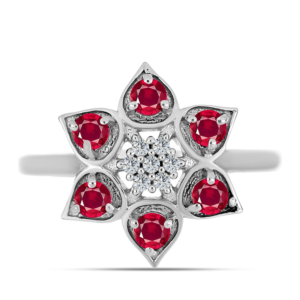 Stříbro 925/1000 Prsten s Madagaskarským Rubínem a Bílým Topazem - Karátové číslo: 0.69. přibližná hmotnost: 3.15 gramů