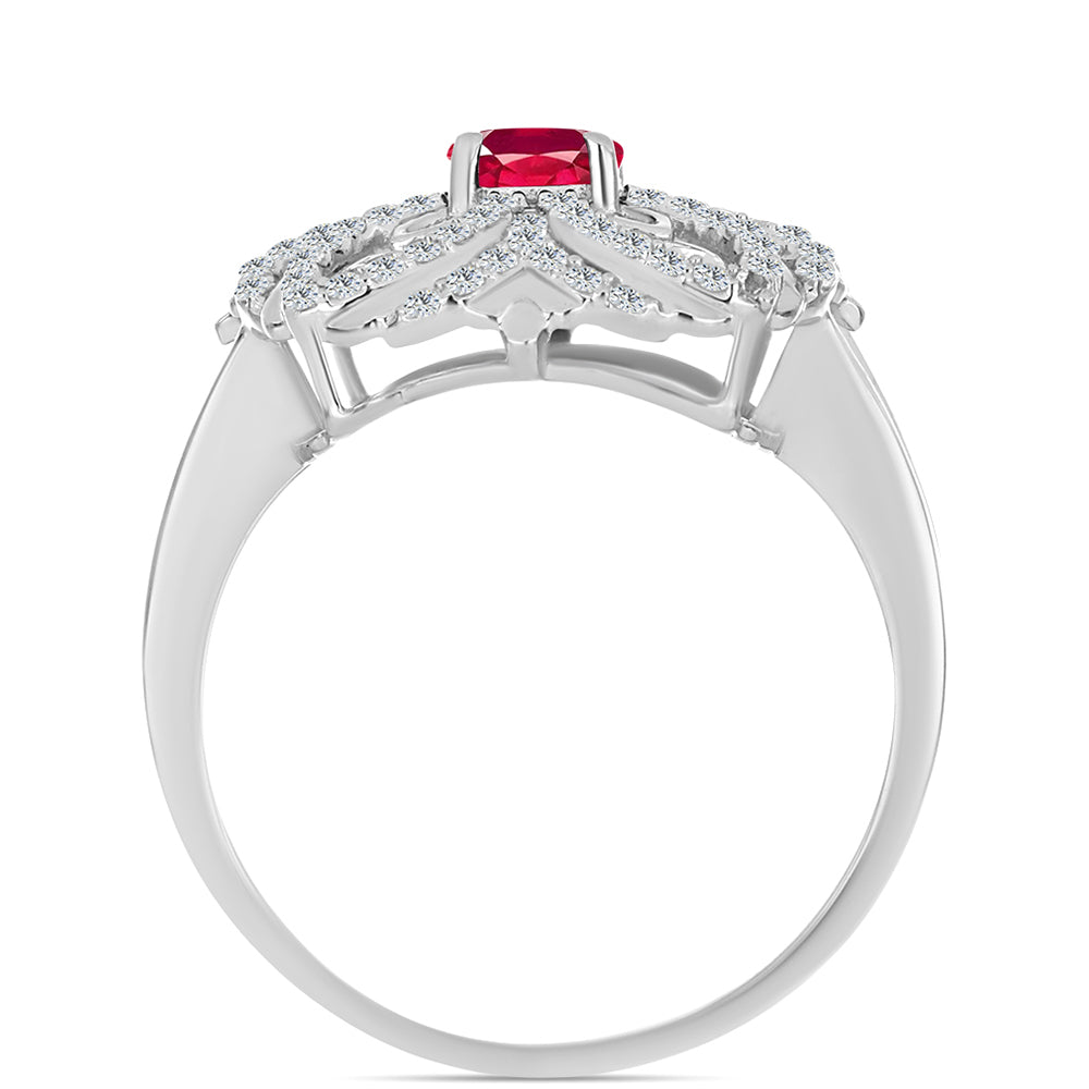 Stříbro 925/1000 Prsten s Madagaskarským Rubínem a Bílým Topazem - Karátové číslo: 1.33. přibližná hmotnost: 4.16 gramů