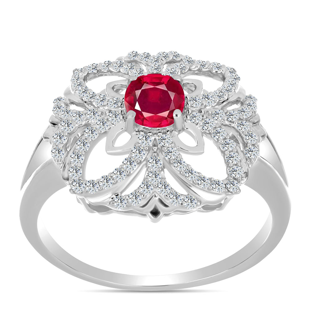 Stříbro 925/1000 Prsten s Madagaskarským Rubínem a Bílým Topazem - Karátové číslo: 1.33. přibližná hmotnost: 4.16 gramů