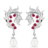 Stříbro 925/1000 Náušnice s Madagaskarským Rubínem a Bílou Sladkovodní Perlou - Karátové číslo: 4.25. přibližná hmotnost: 5.59 gramů