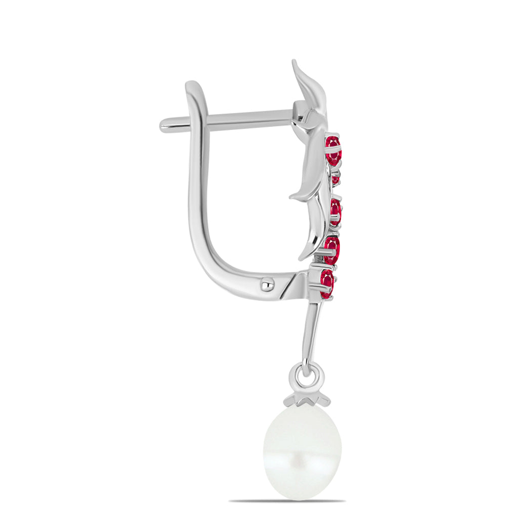 Stříbro 925/1000 Náušnice s Madagaskarským Rubínem a Bílou Sladkovodní Perlou - Karátové číslo: 4.25. přibližná hmotnost: 5.59 gramů