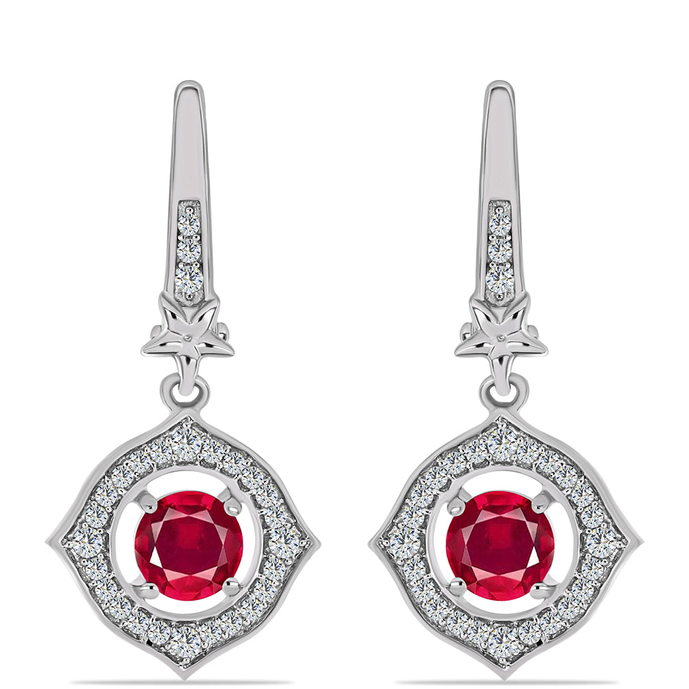 Stříbro 925/1000 Náušnice s Madagaskarským Rubínem a Bílým Topazem - Karátové číslo: 1.9. přibližná hmotnost: 4.68 gramů