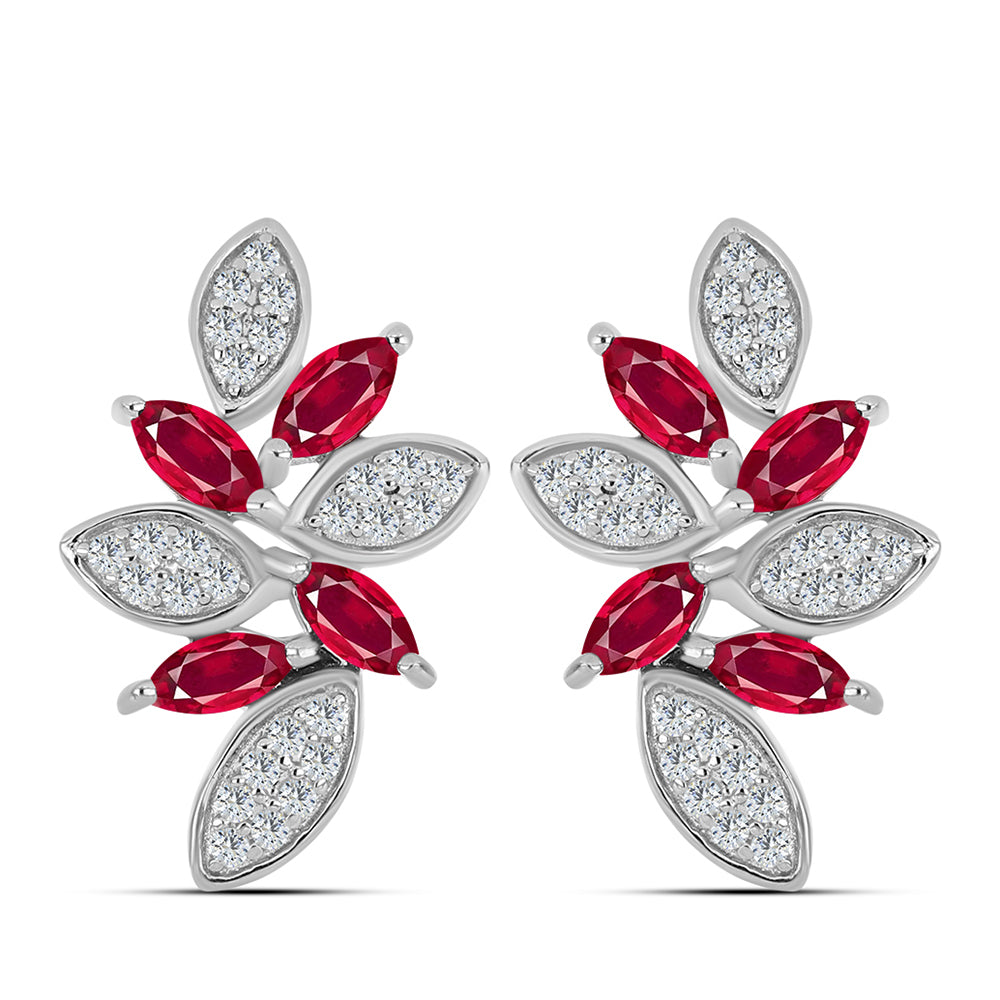 Stříbro 925/1000 Náušnice s Madagaskarským Rubínem a Bílým Topazem - Karátové číslo: 1.95. přibližná hmotnost: 5.12 gramů