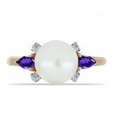 Pozlacené stříbro 925/1000 Prsten s Marockým Ametystem a Bílou Sladkovodní Perlou - Karátové číslo: 5.69. přibližná hmotnost: 3.82 gramů