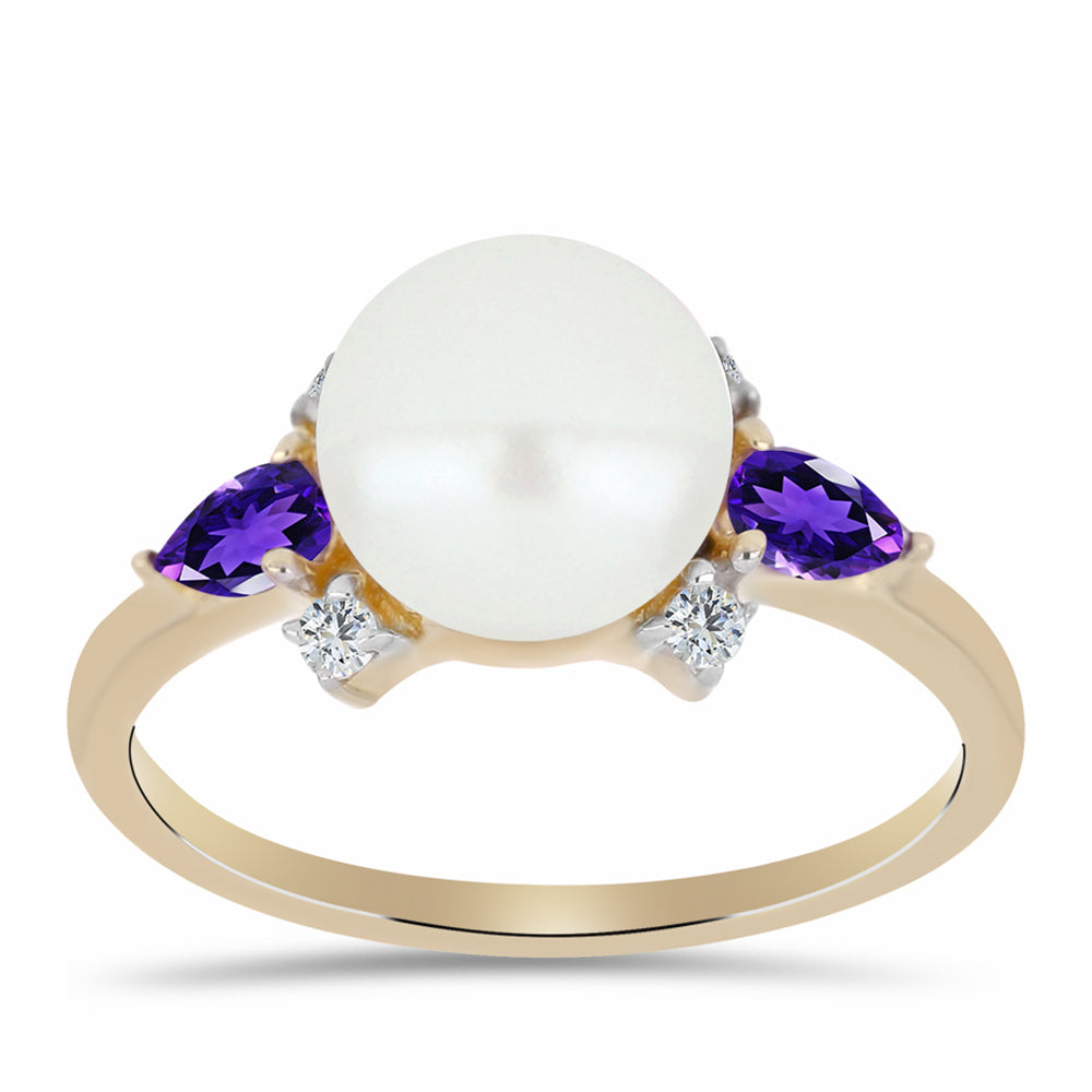 Pozlacené stříbro 925/1000 Prsten s Marockým Ametystem a Bílou Sladkovodní Perlou - Karátové číslo: 5.69. přibližná hmotnost: 3.82 gramů