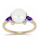 Pozlacené stříbro 925/1000 Prsten s Marockým Ametystem a Bílou Sladkovodní Perlou - Karátové číslo: 5.69. přibližná hmotnost: 3.82 gramů