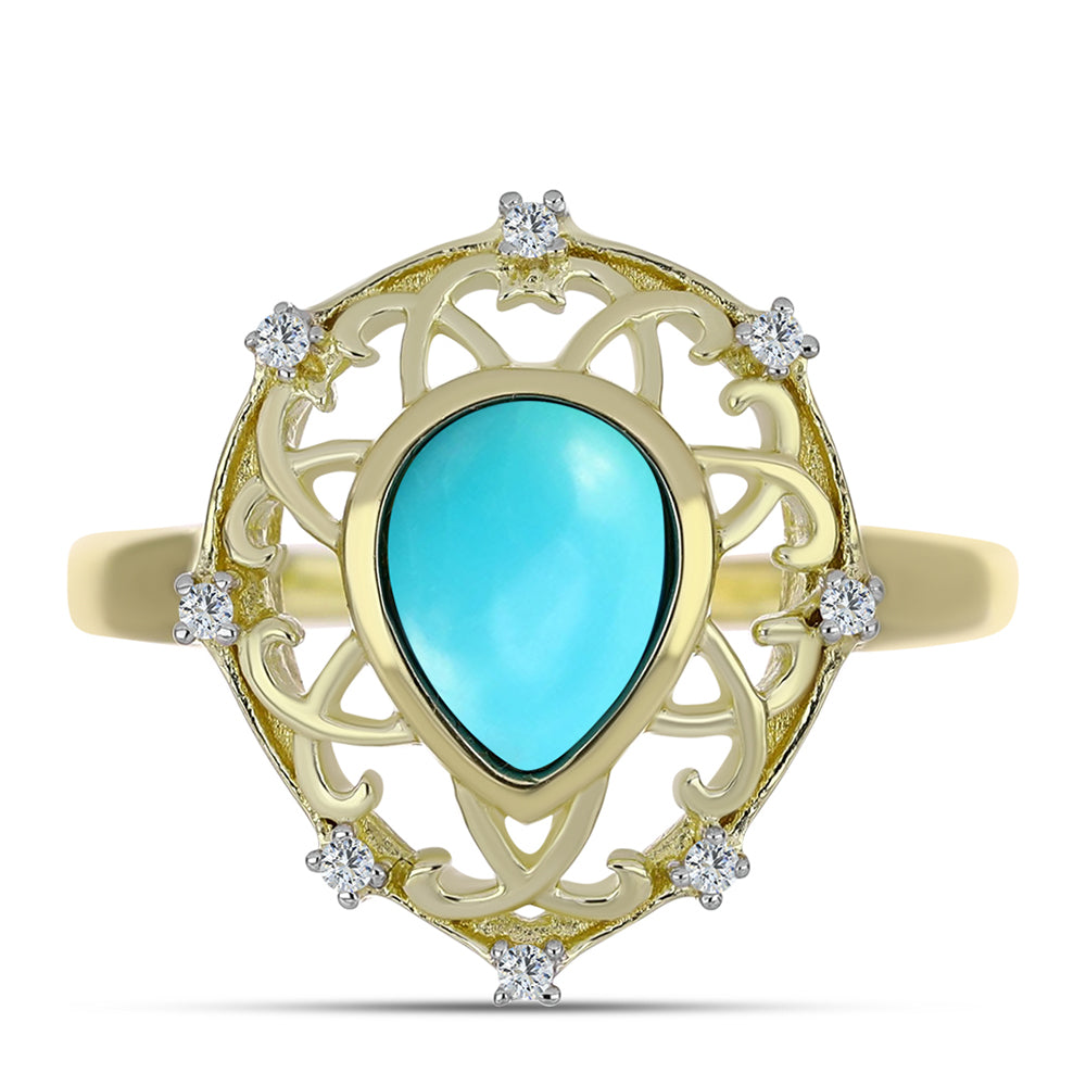 Pozlacené stříbro 925/1000 Prsten s Tyrkysem Sleeping Beauty a Bílým Topazem - Karátové číslo: 1.17. přibližná hmotnost: 3.53 gramů