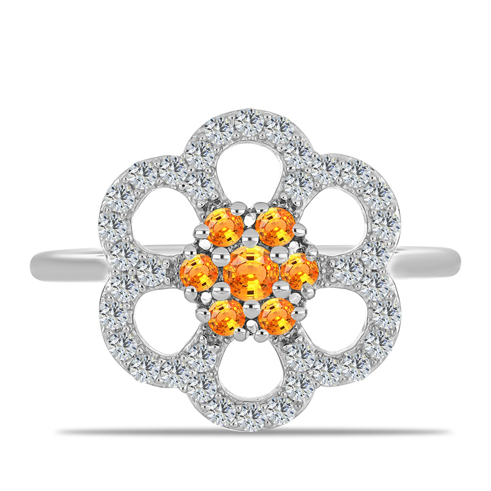 Stříbro 925/1000 Prsten s Padparadscha Safírem a Bílým Topazem - Karátové číslo: 1.01. přibližná hmotnost: 3.22 gramů