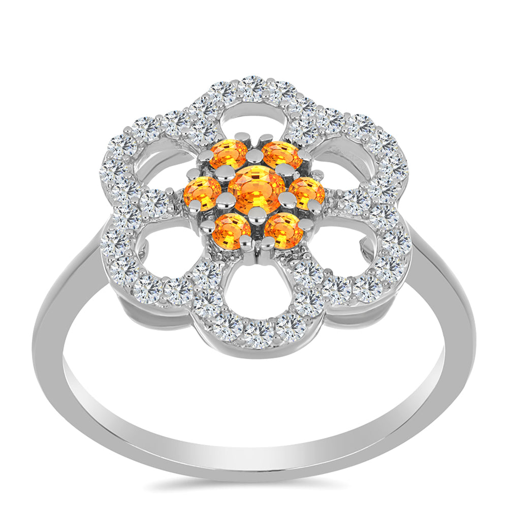 Stříbro 925/1000 Prsten s Padparadscha Safírem a Bílým Topazem - Karátové číslo: 1.01. přibližná hmotnost: 3.22 gramů