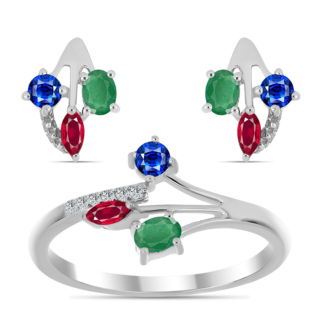 Stříbro 925/1000 Sada s Madagaskarským Rubínem a Brazilským Smaragdem - Karátové číslo: 1.41. přibližná hmotnost: 3.98 gramů ( Náušnice+Prsten )