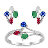 Stříbro 925/1000 Sada s Madagaskarským Rubínem a Brazilským Smaragdem - Karátové číslo: 1.41. přibližná hmotnost: 3.98 gramů ( Náušnice+Prsten )