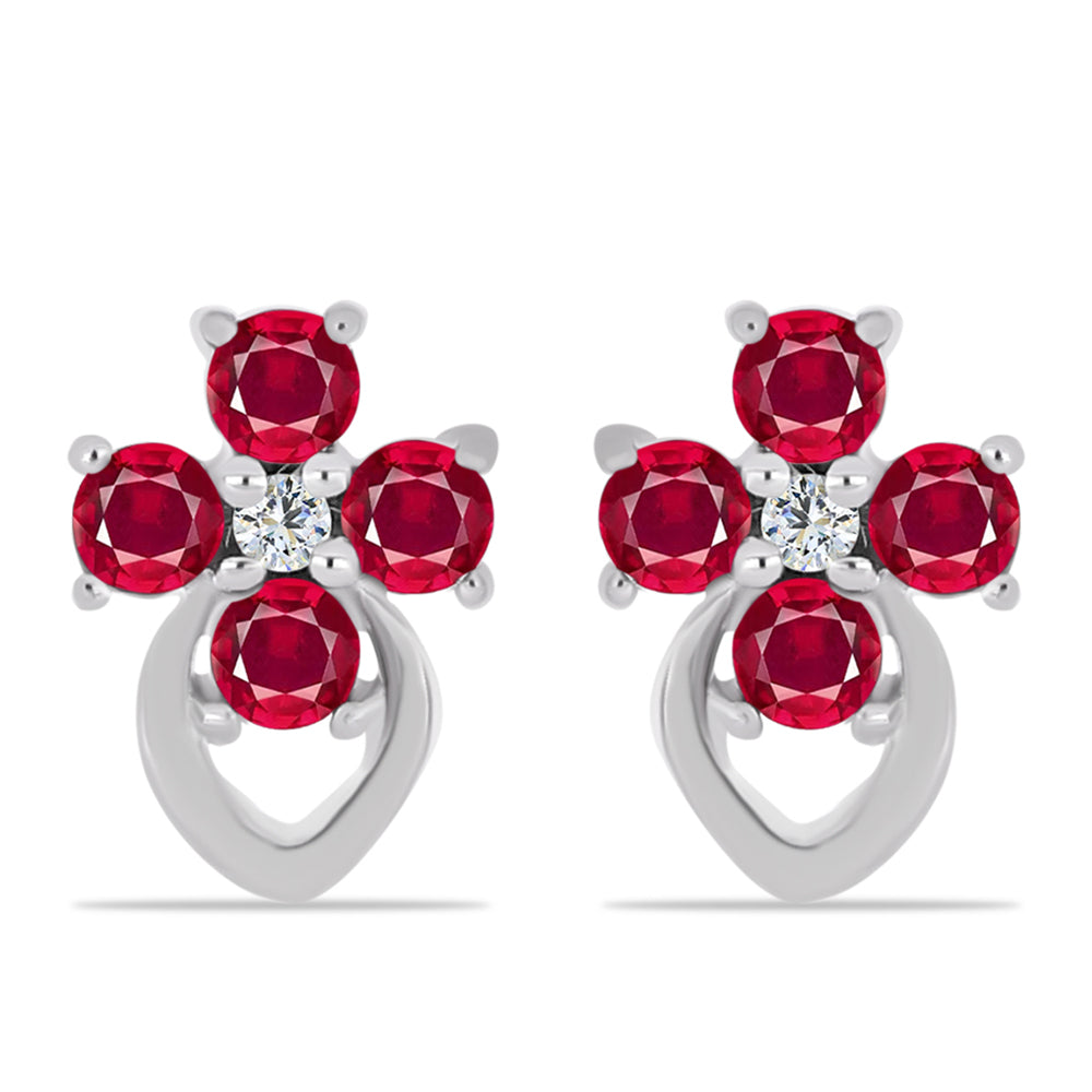 Stříbro 925/1000 Náušnice s Madagaskarským Rubínem a Bílým Topazem - Karátové číslo: 0.47. přibližná hmotnost: 1.28 gramů